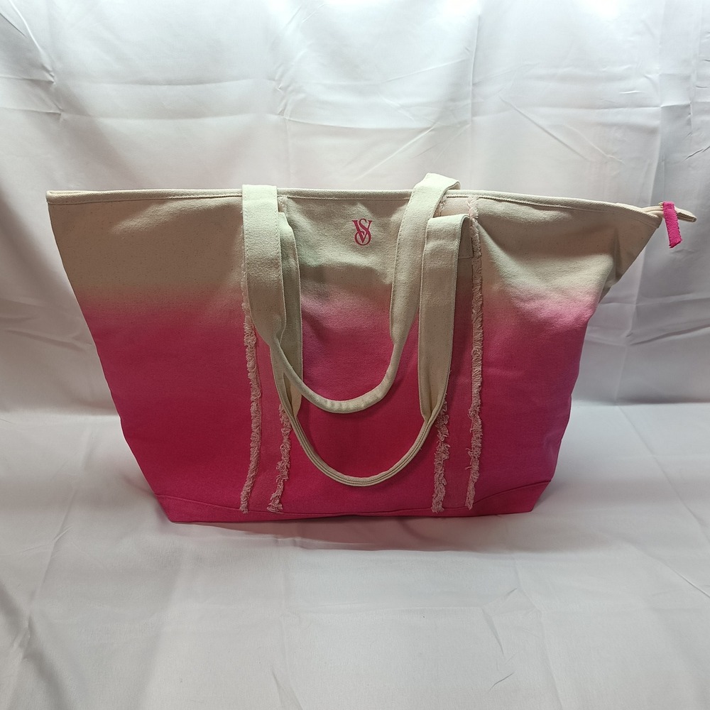 Victoria's Secret Pink Ombre Canvas Tote Bag Frayed Trim Zip Top Beach Picnic